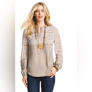 Chico’s Womens Popover Top Size 0 (4) Beige Geometric Boho Long Sleeve‎ V Neck
